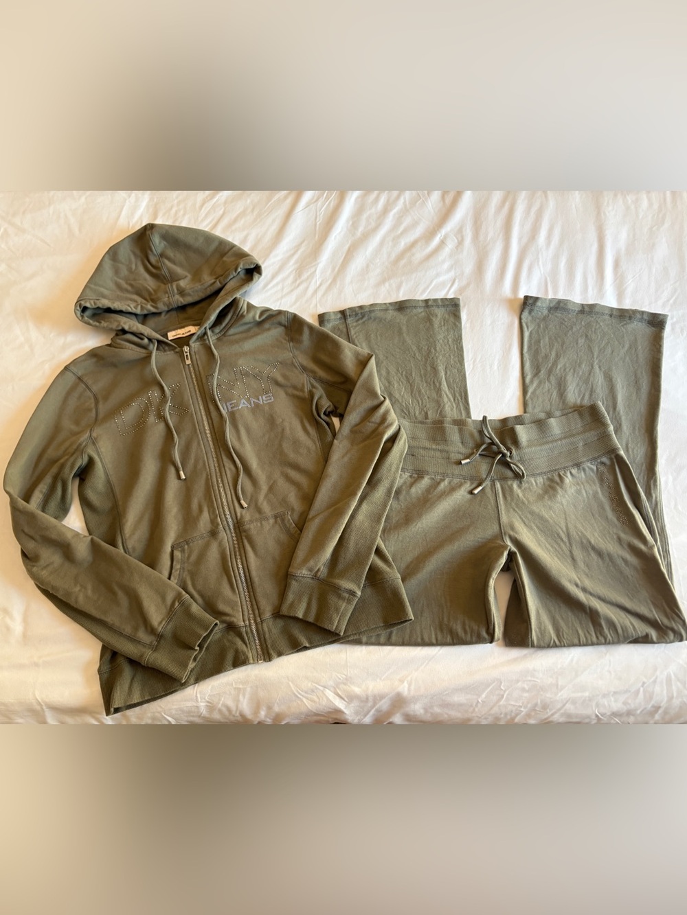 DKNY Y2K Olive Green Rhinestone Logo Zip Up Hoodie & Sweatpants Tracksuit Set